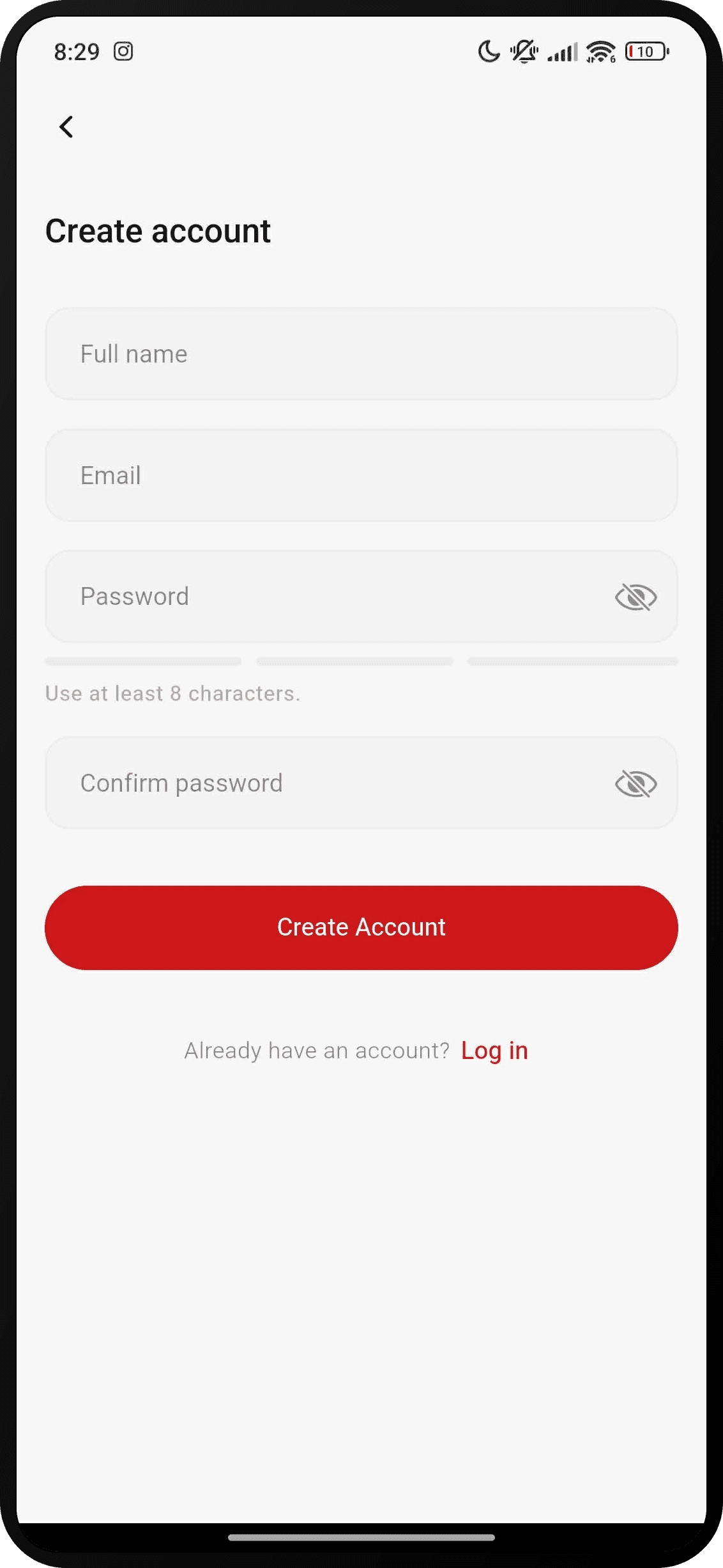 PASUGO create-account screen with full name, email, and password fields.