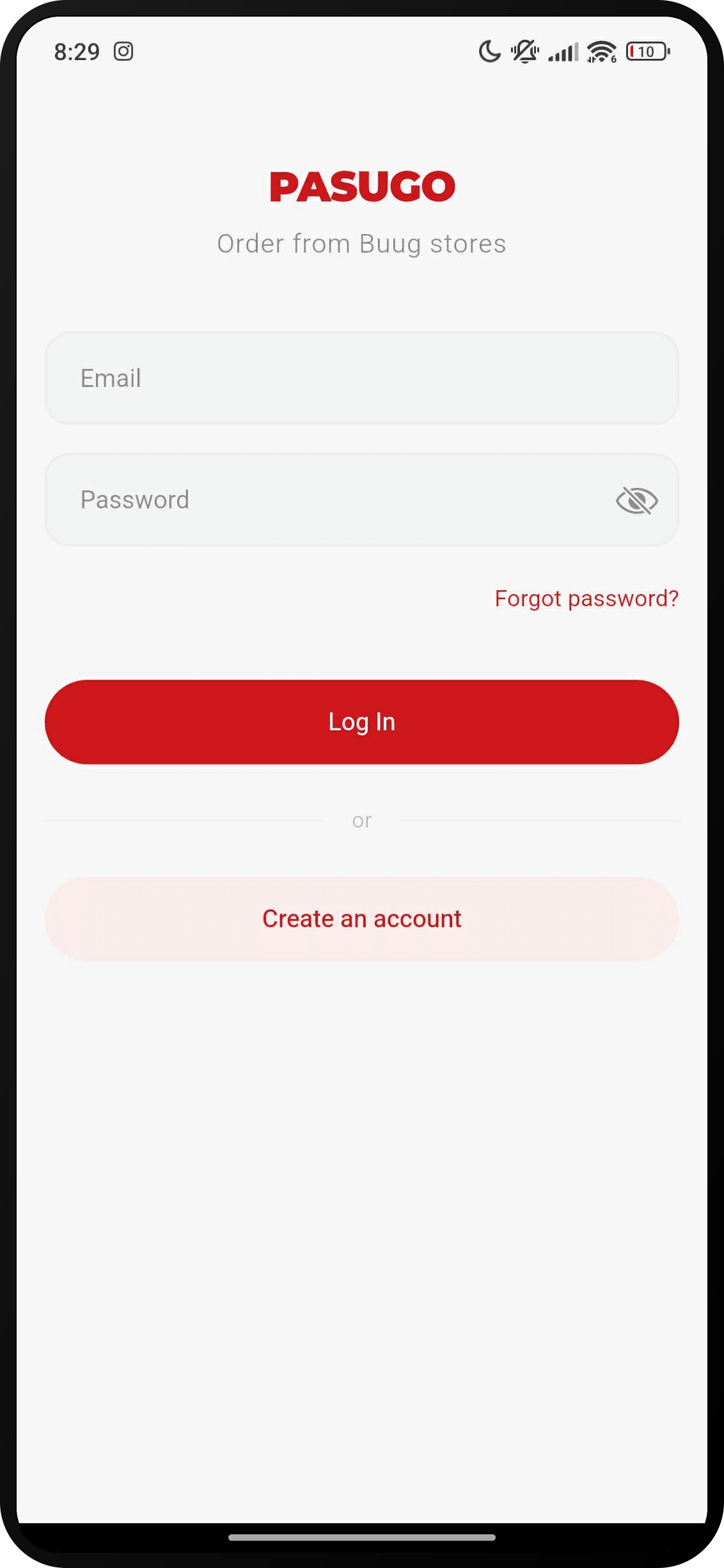 PASUGO login screen with email and password fields and a create-account option.