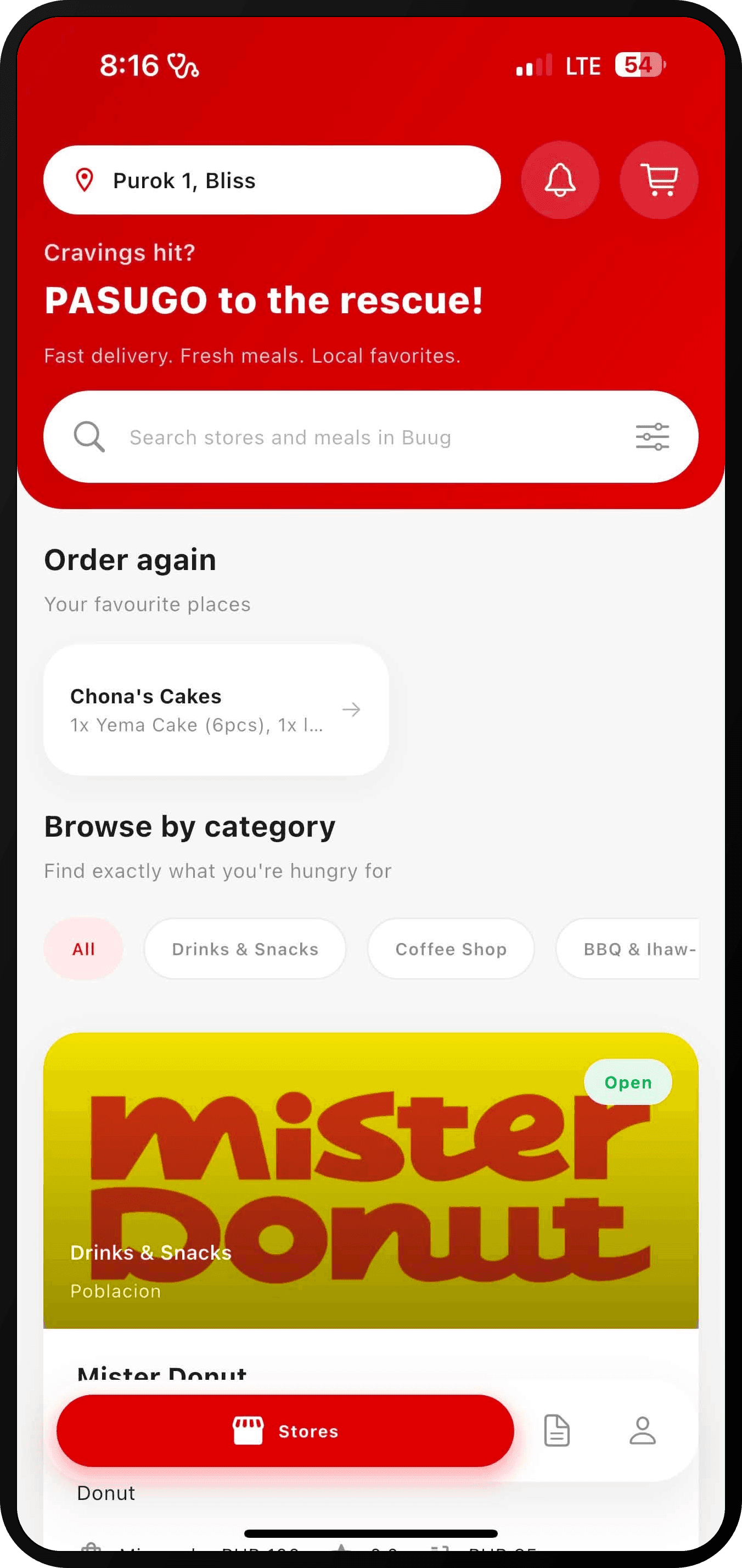 PASUGO home screen with a Buug delivery address, search, recent orders, and nearby store cards.